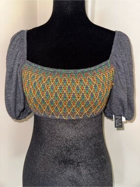 Soluna Swim Gray Smocked Puff-Sleeve Swim Top with Multicolor Stitching